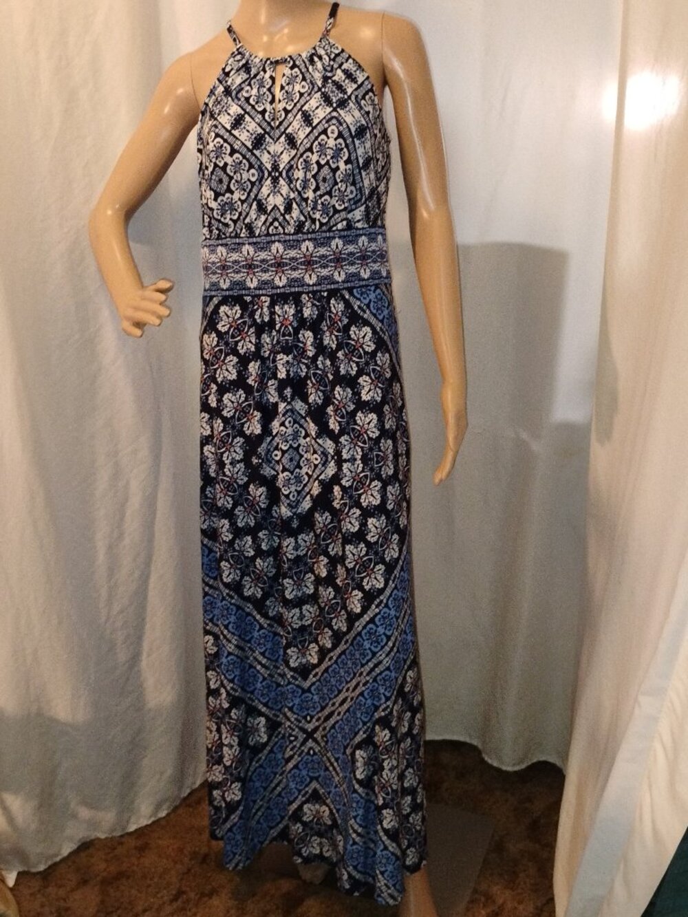 London Style Collection | Navy Blue & White Patchwork Paisley Maxi Dress